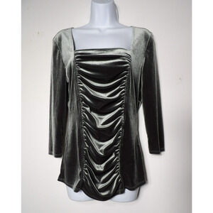 Boston Proper Velvet Top Shirt Medium Gray Square Neck Rouched 3/4 Sleeve Fairy